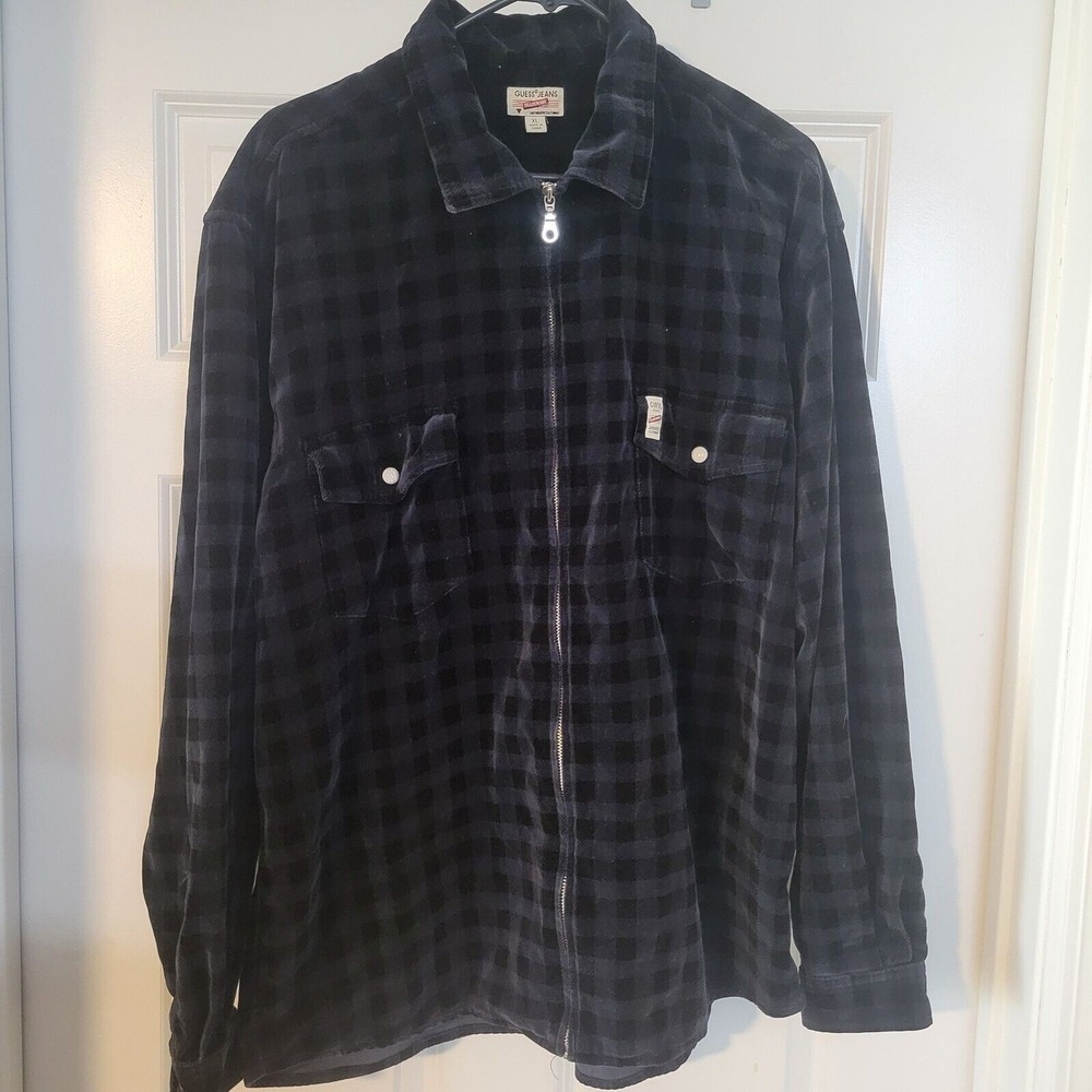 Guess Jeans Checkered Men's Zip Jacket Navy Blue Vintage X Large Collared
